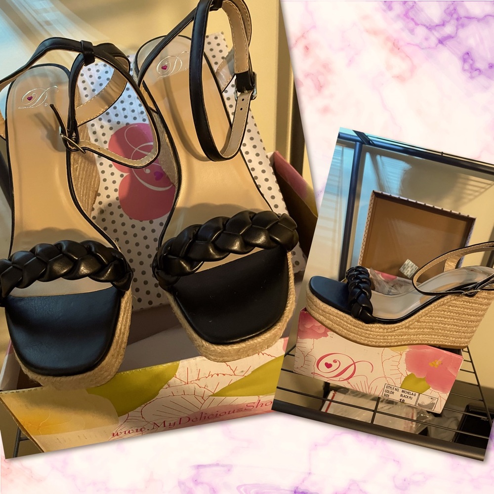 NEW Espadrille Platform Wedge Braided
Sandals Ankle Strap Size 10 Black